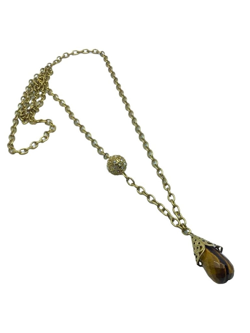 Vintage Pendant Necklace Simulated Tigers Eye Rhinestone Accent 34 Inch Length G - Picture 2 of 2